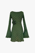 Maisie Bias Long Sleeve Mini Dress In Olive Green Polka Dots