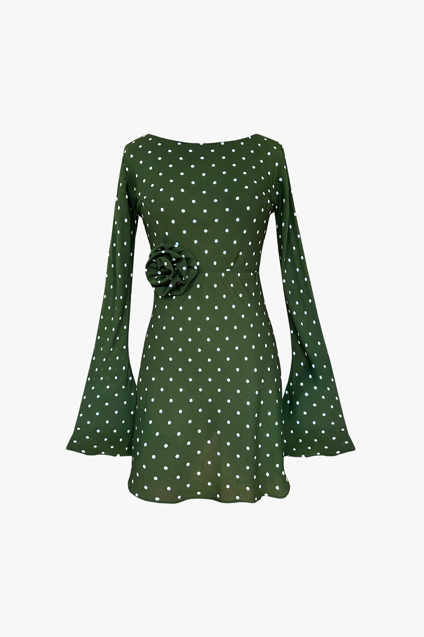Maisie Bias Long Sleeve Mini Dress In Olive Green Polka Dots