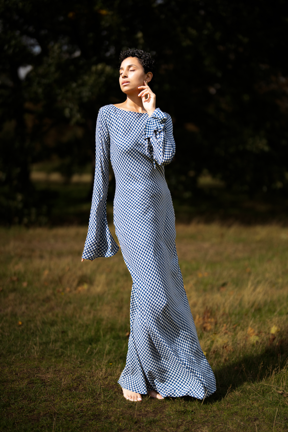Kyra Bias Cut Long Sleeve Maxi Dress In Blue Gingham MONO BAS Kyra Bias Cut Long Sleeve Maxi Dress In Blue Gingham MONO BAS