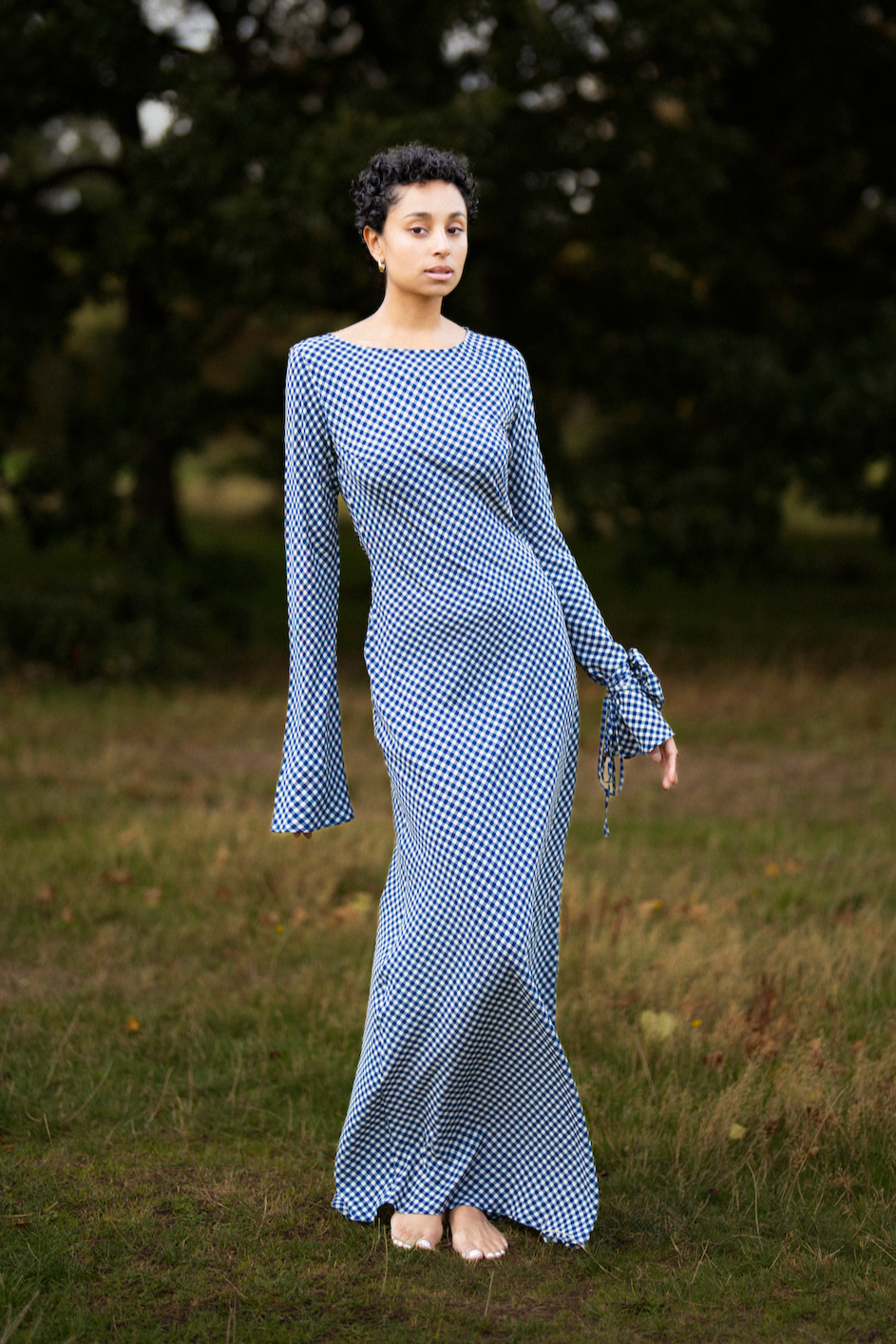 Kyra Bias Cut Long Sleeve Maxi Dress In Blue Gingham