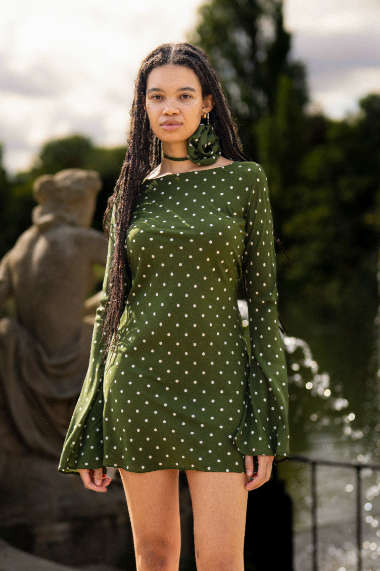 Maisie Bias Long Sleeve Mini Dress In Olive Green Polka Dots