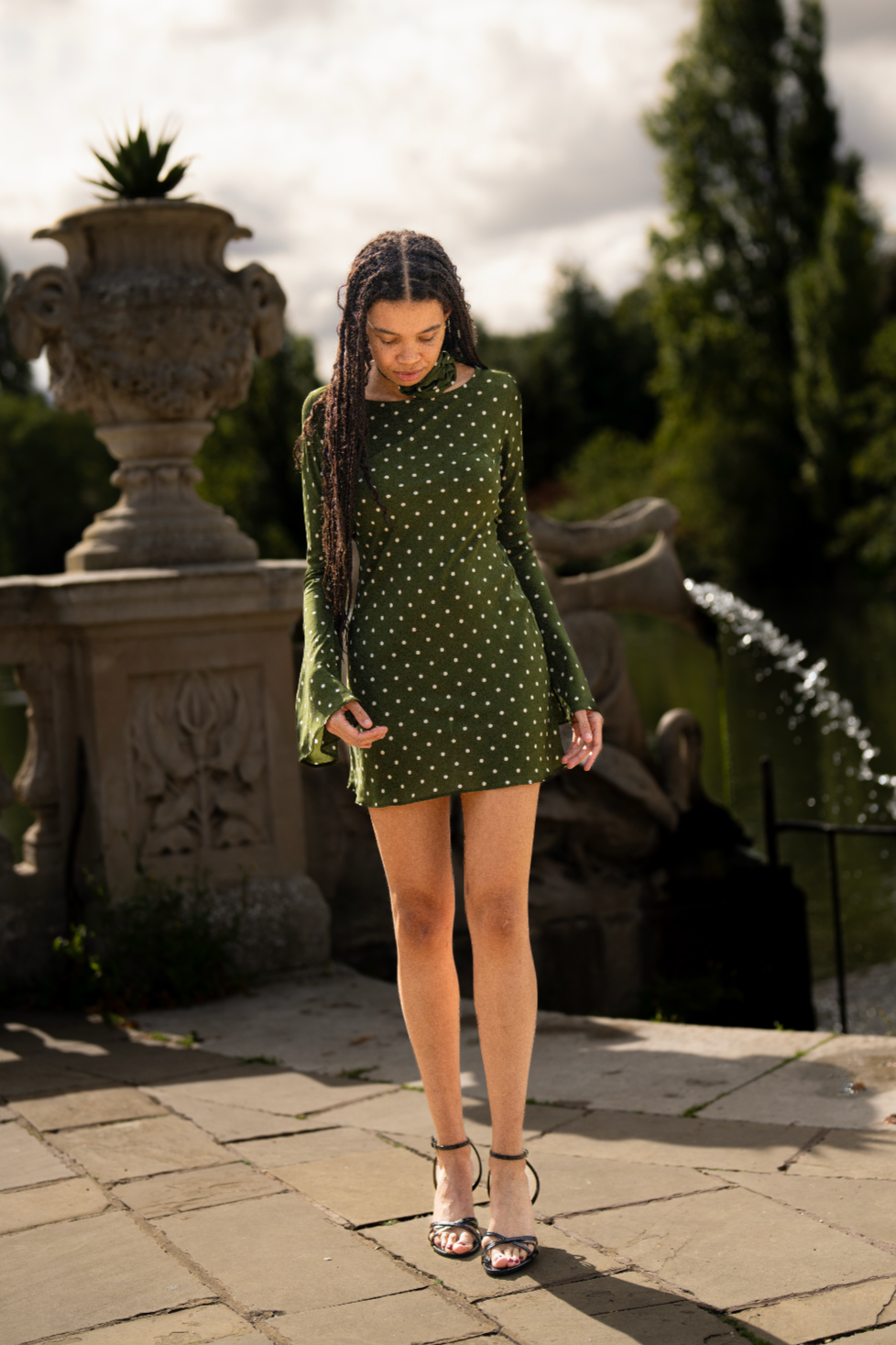 Maisie Bias Long Sleeve Mini Dress In Olive Green Polka Dots