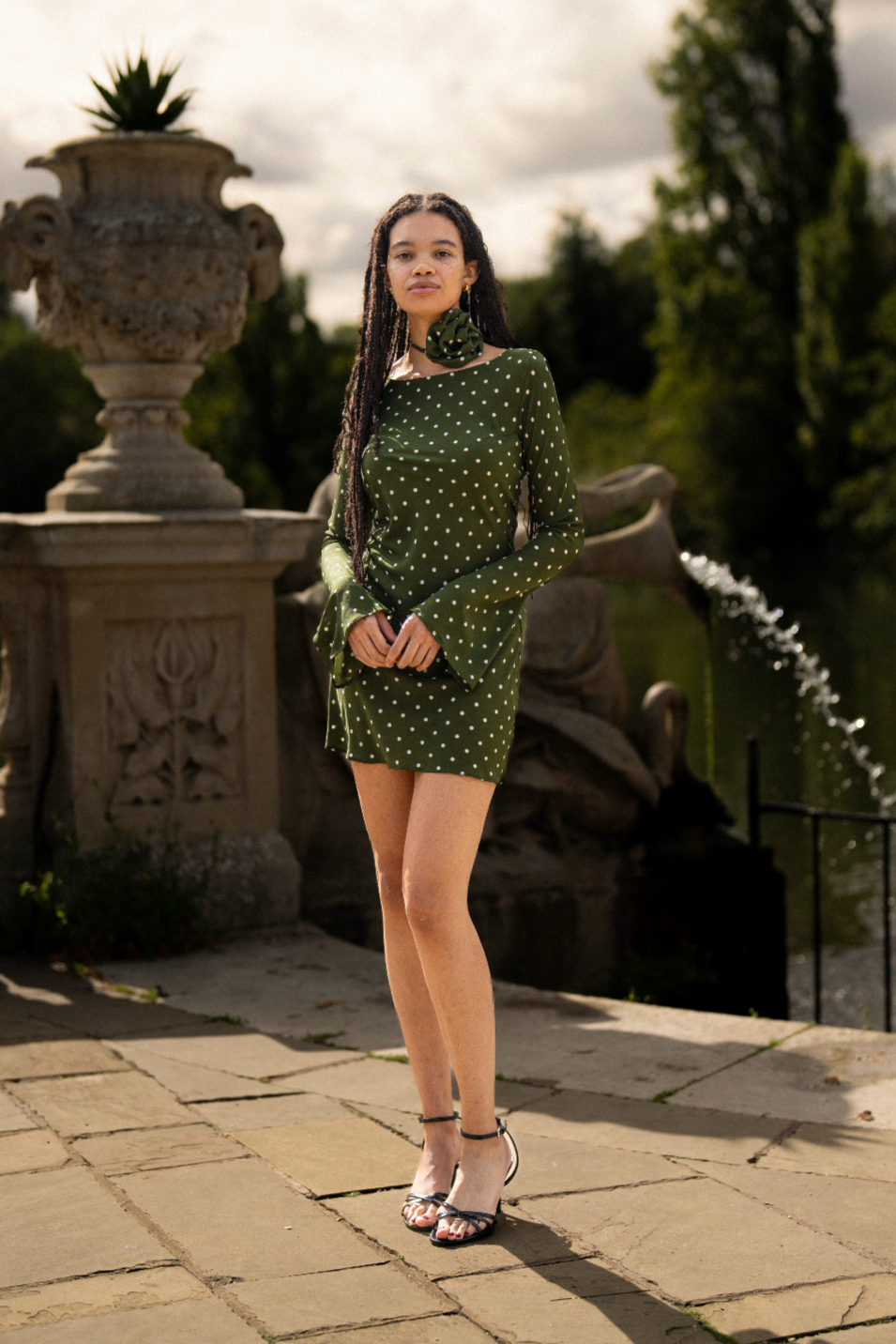 Maisie Bias Long Sleeve Mini Dress In Olive Green Polka Dots