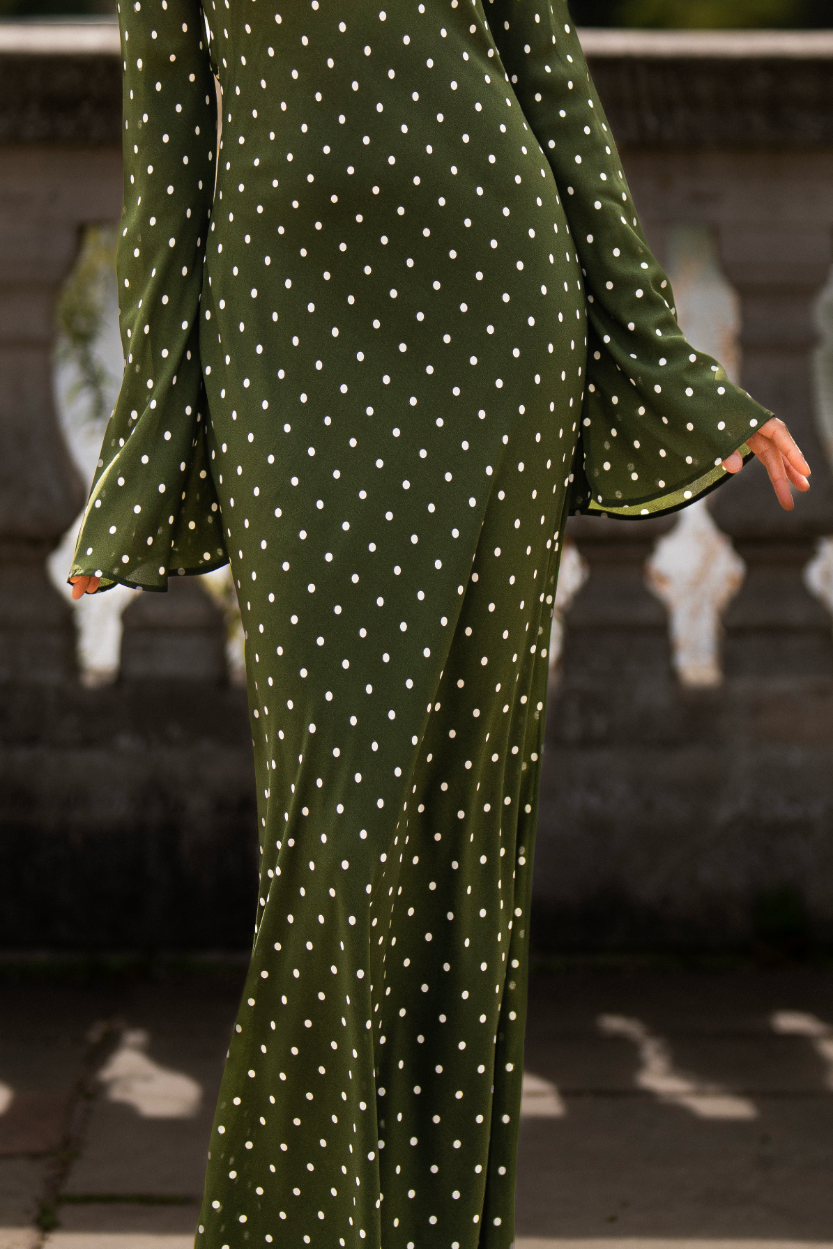 Kyra Bias Cut Long Sleeve Maxi Dress In Olive Green Polka Dots