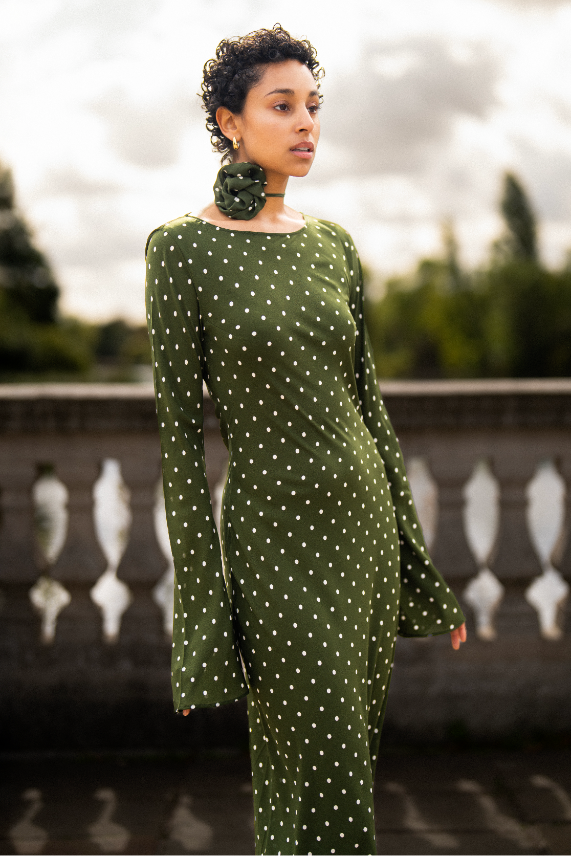 Kyra Bias Cut Long Sleeve Maxi Dress In Olive Green Polka Dots