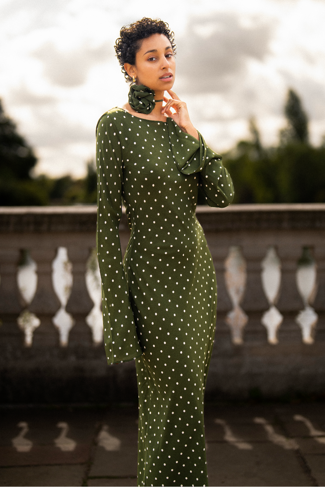 Kyra Bias Cut Long Sleeve Maxi Dress In Olive Green Polka Dots