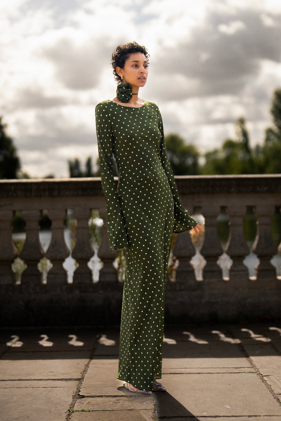 Kyra Bias Cut Long Sleeve Maxi Dress In Olive Green Polka Dots