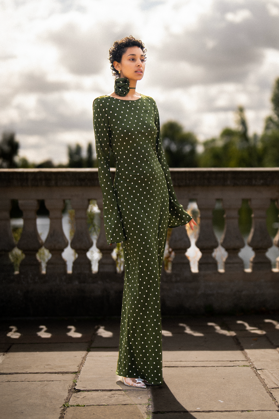 Kyra Bias Cut Long Sleeve Maxi Dress In Olive Green Polka Dots