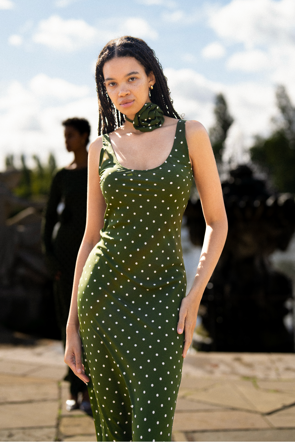 Elodie Bias Maxi Slip Dress In Olive Green Polka Dots