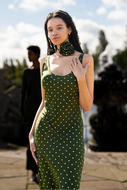 Elodie Bias Maxi Slip Dress In Olive Green Polka Dots