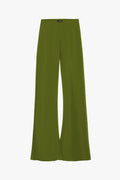 Serenade Bias Cut Flared Pants In Olive Green Satin