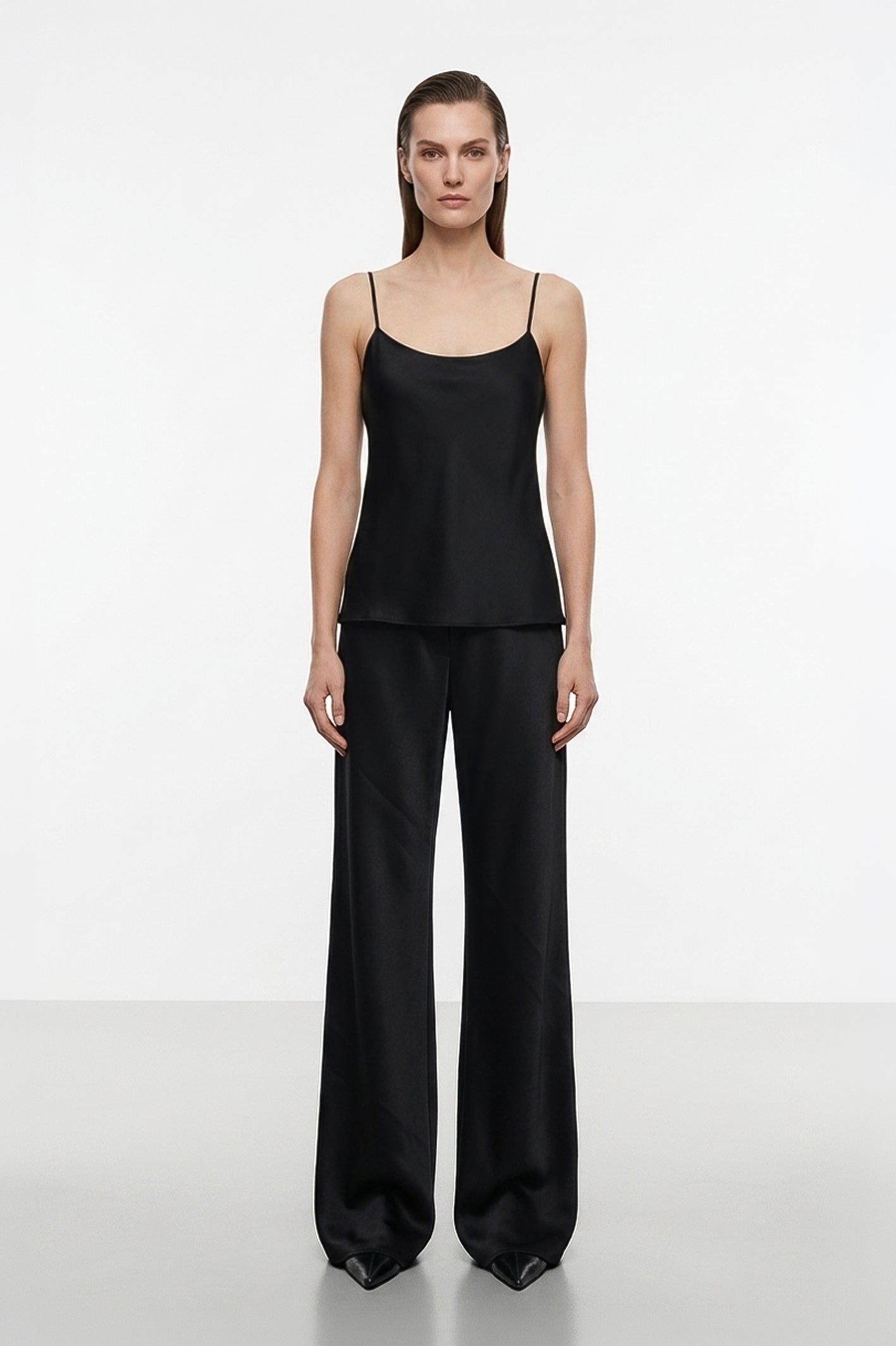 Aria Bias Cut Cami Top In Black Satin