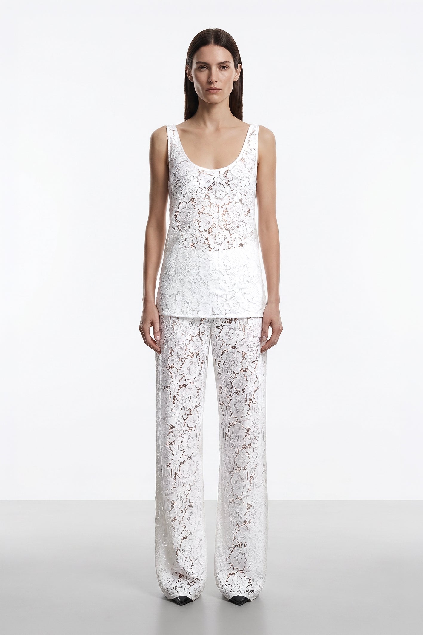 Elden Bias Cut Lace Tank Top in White